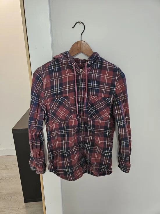 Garage Red and Navy Plaid Boyfriend Shirt - Picture 1 of 4